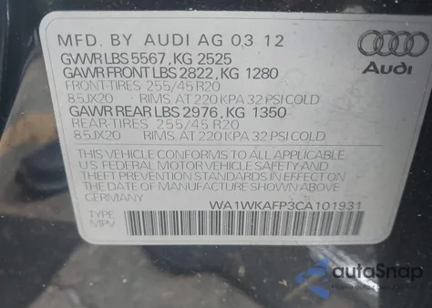 2012 Audi Q5 3.2 Premium из США, поврежденный, VIN WA1WKAFP3CA101931